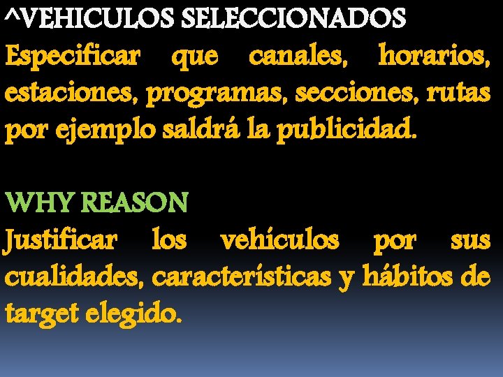 ^VEHICULOS SELECCIONADOS Especificar que canales, horarios, estaciones, programas, secciones, rutas por ejemplo saldrá la