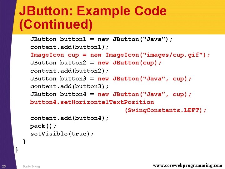 JButton: Example Code (Continued) JButton button 1 = new JButton("Java"); content. add(button 1); Image.