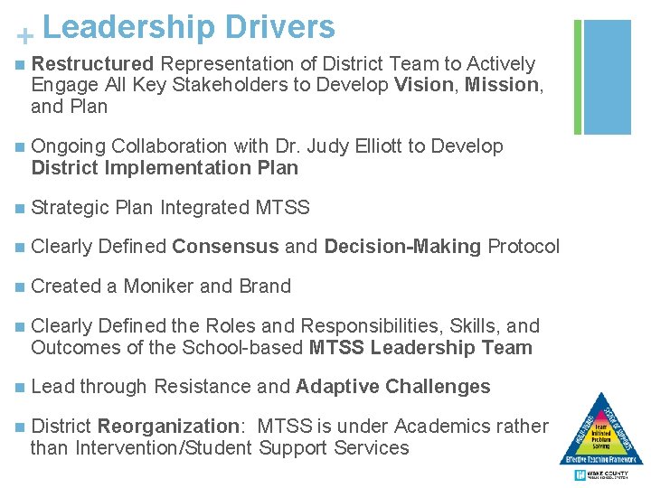 + Leadership Drivers n Restructured Representation of District Team to Actively Engage All Key