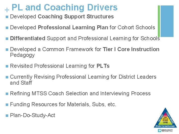 + PL and Coaching Drivers n Developed Coaching Support Structures n Developed Professional Learning