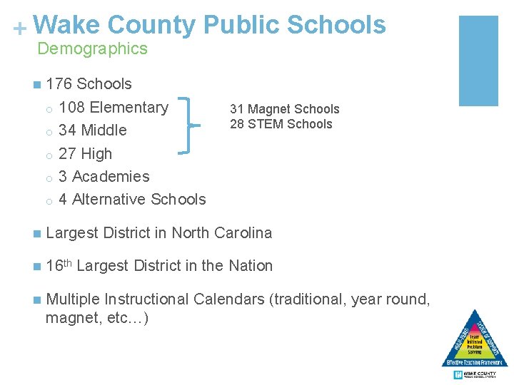 + Wake County Public Schools Demographics n 176 Schools o 108 Elementary o 34