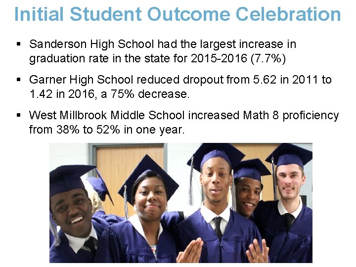 Initial Student Outcome Celebration § Sanderson High School had the largest increase in graduation