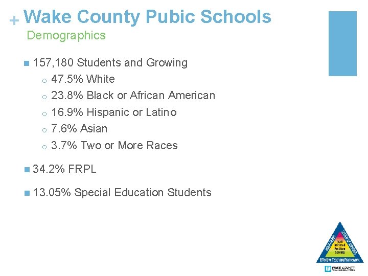 + Wake County Pubic Schools Demographics n 157, 180 Students and Growing o 47.