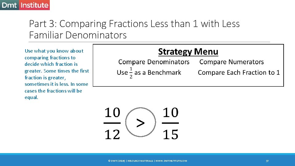 Part 3: Comparing Fractions Less than 1 with Less Familiar Denominators Use what you