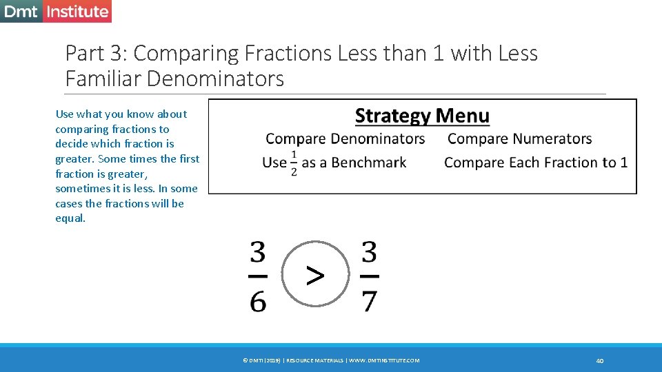 Part 3: Comparing Fractions Less than 1 with Less Familiar Denominators Use what you