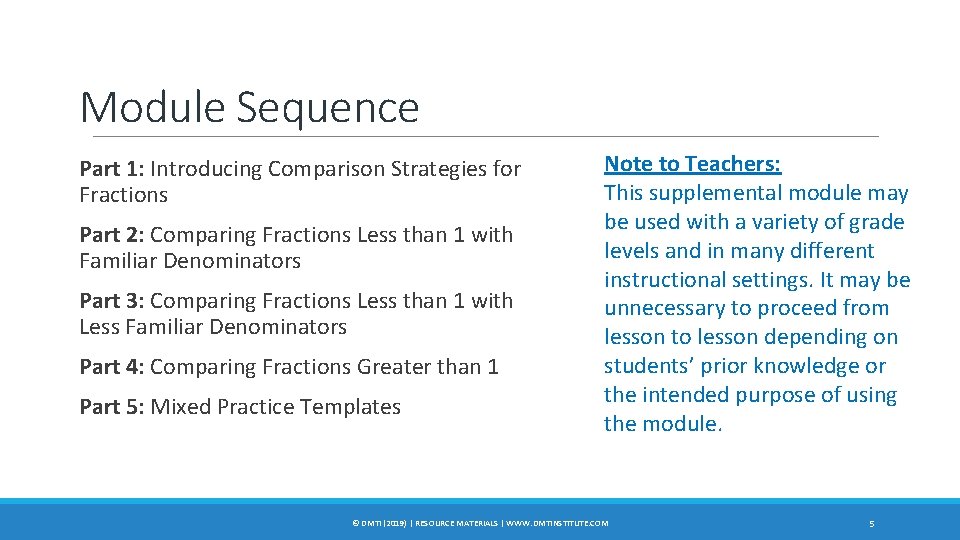 Module Sequence Part 1: Introducing Comparison Strategies for Fractions Part 2: Comparing Fractions Less