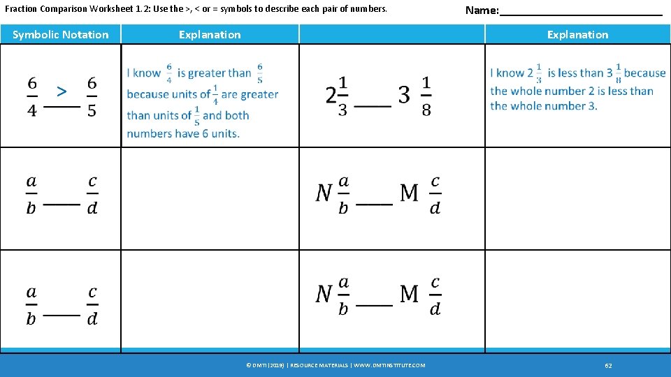 Fraction Comparison Worksheet 1. 2: Use the >, < or = symbols to describe