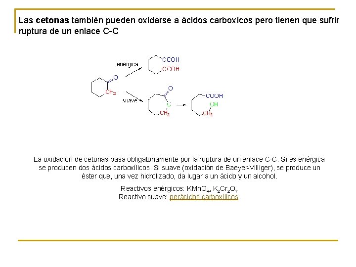Las cetonas también pueden oxidarse a ácidos carboxícos pero tienen que sufrir ruptura de