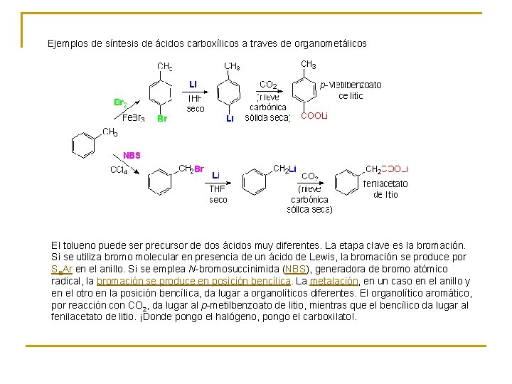 Ejemplos de síntesis de ácidos carboxílicos a traves de organometálicos El tolueno puede ser
