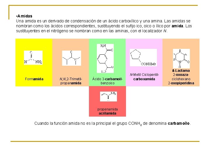  • Amidas Una amida es un derivado de condensación de un ácido carboxílico