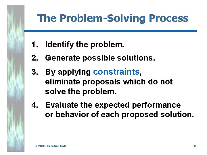 The Problem-Solving Process 1. Identify the problem. 2. Generate possible solutions. 3. By applying