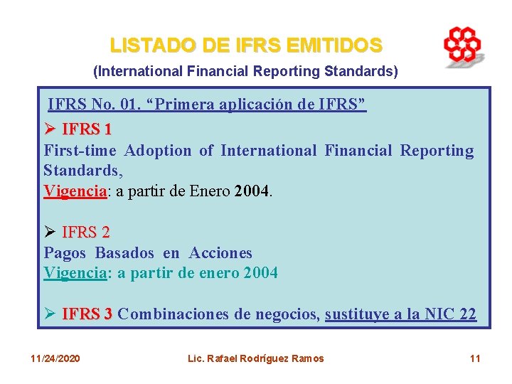 LISTADO DE IFRS EMITIDOS (International Financial Reporting Standards) IFRS No. 01. “Primera aplicación de