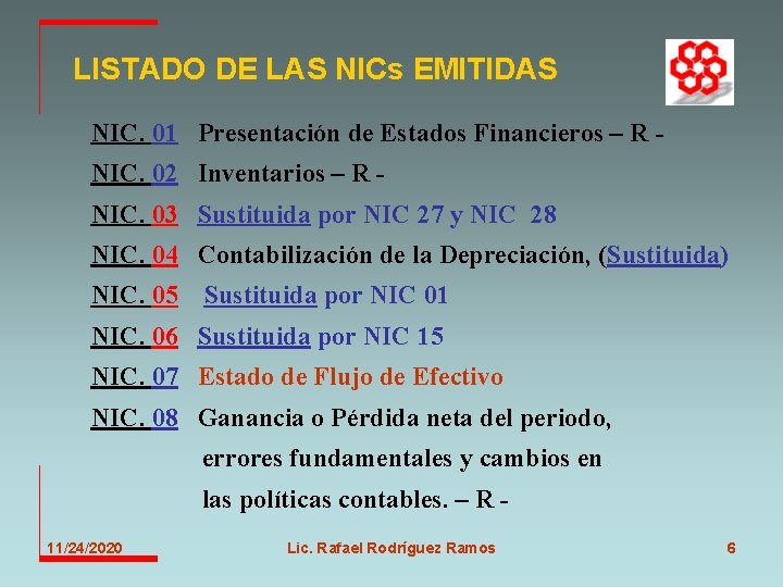 LISTADO DE LAS NICs EMITIDAS NIC. 01 Presentación de Estados Financieros – R NIC.