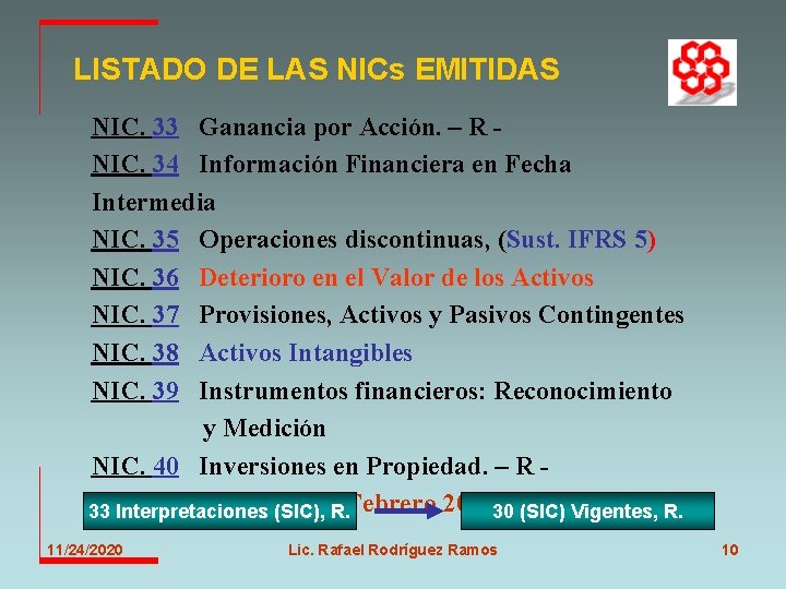 LISTADO DE LAS NICs EMITIDAS NIC. 33 Ganancia por Acción. – R NIC. 34