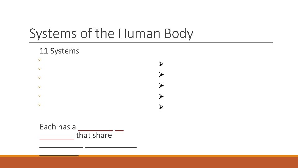 Systems of the Human Body 11 Systems ◦ ◦ ◦ Each has a ____