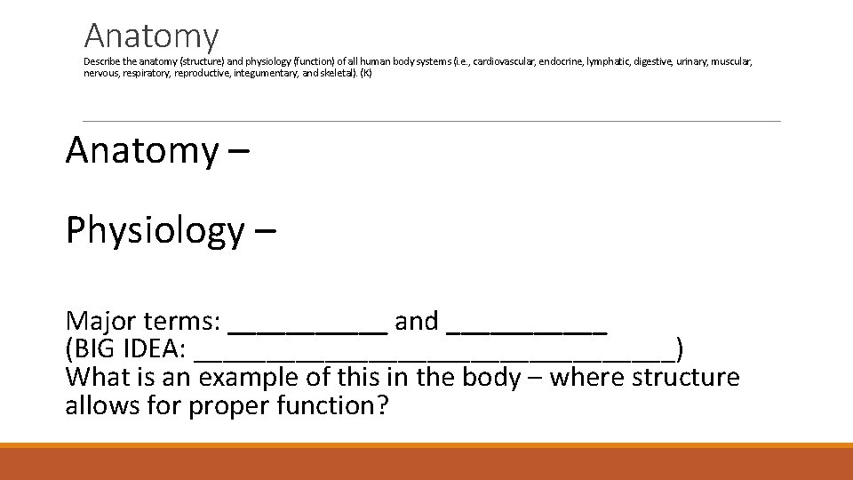 Anatomy Describe the anatomy (structure) and physiology (function) of all human body systems (i.