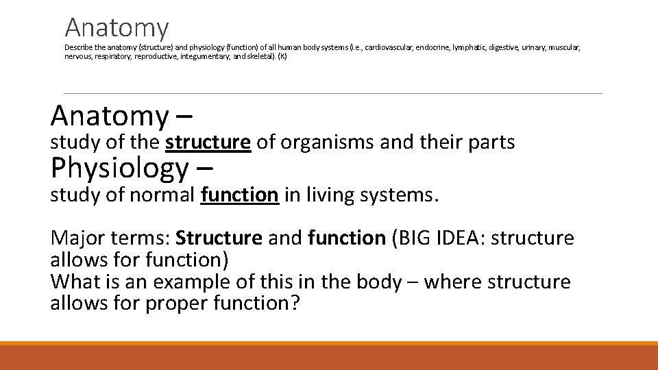 Anatomy Describe the anatomy (structure) and physiology (function) of all human body systems (i.