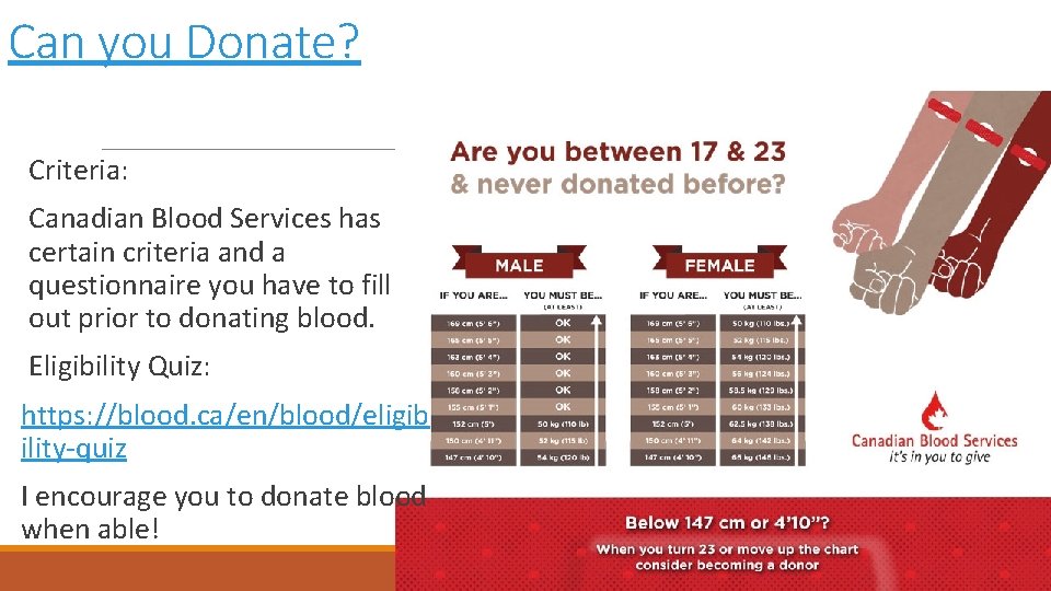 Can you Donate? Criteria: Canadian Blood Services has certain criteria and a questionnaire you