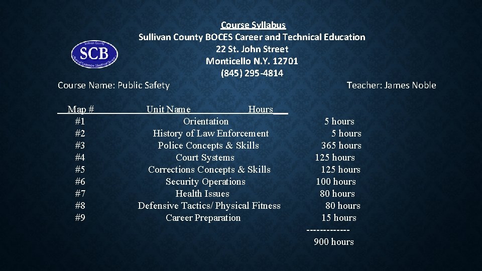 Course Syllabus Sullivan County BOCES Career and Technical Education 22 St. John Street Monticello