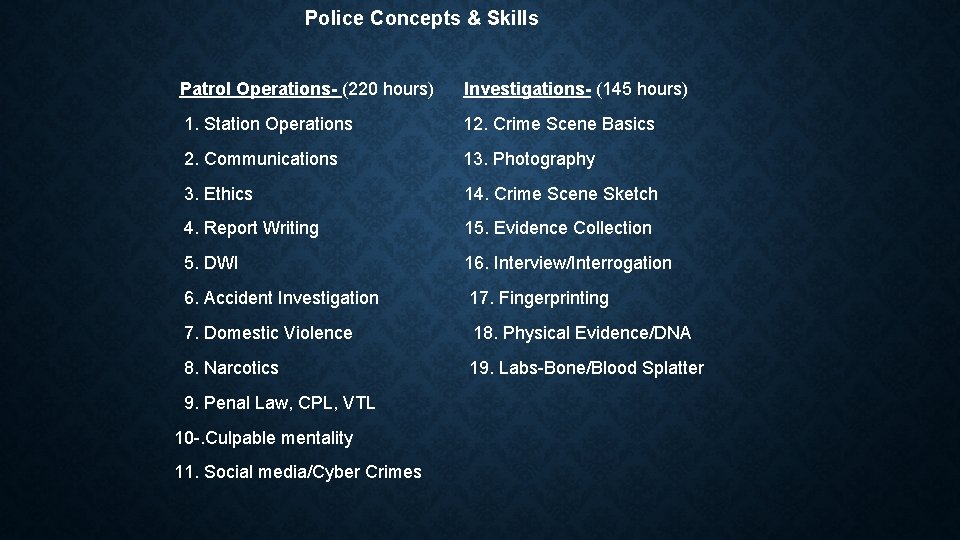  Police Concepts & Skills Patrol Operations- (220 hours) Investigations- (145 hours) 1. Station
