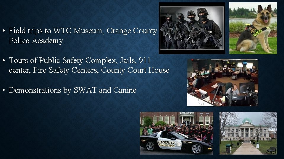  • Field trips to WTC Museum, Orange County Police Academy. • Tours of