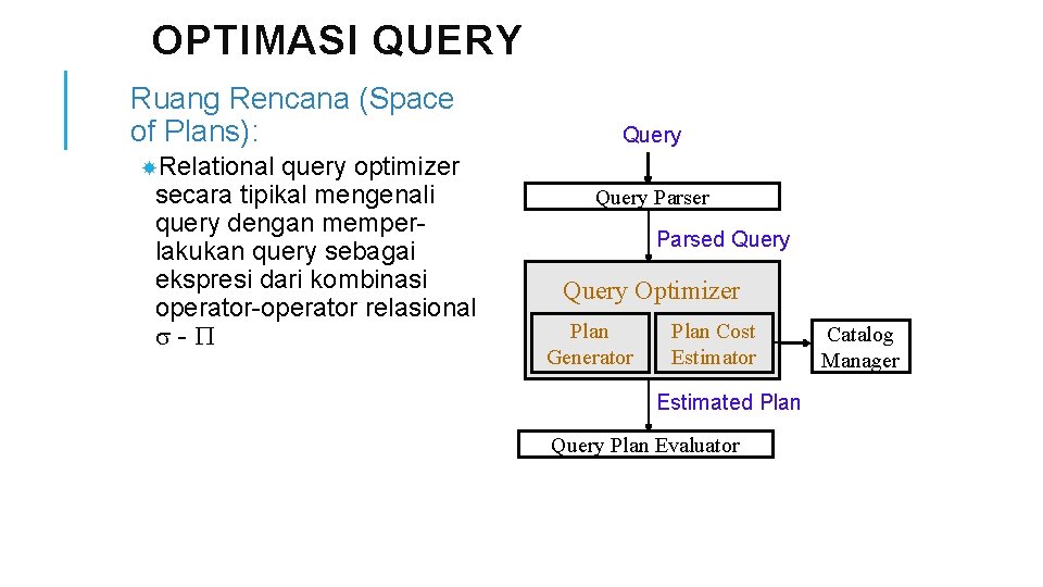 OPTIMASI QUERY Ruang Rencana (Space of Plans): query optimizer secara tipikal mengenali query dengan