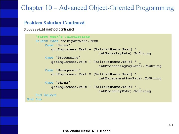 Chapter 10 – Advanced Object-Oriented Programming Problem Solution Continued Process. Add method continued: 'First