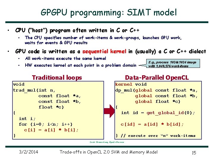 GPGPU programming: SIMT model • CPU (“host”) program often written in C or C++