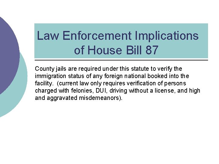 Law Enforcement Implications of House Bill 87 County jails are required under this statute