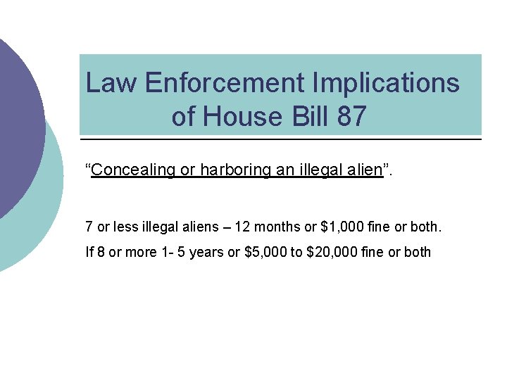 Law Enforcement Implications of House Bill 87 “Concealing or harboring an illegal alien”. 7