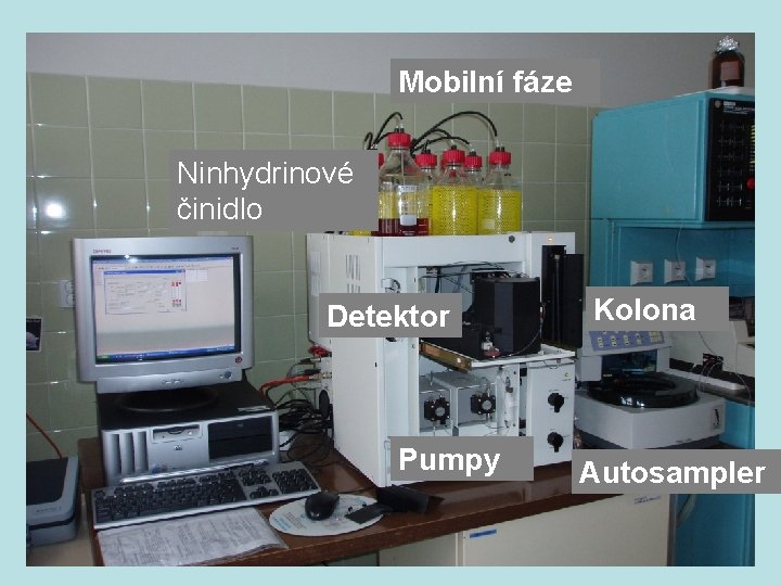 Mobilní fáze Ninhydrinové činidlo Detektor Pumpy Kolona Autosampler 