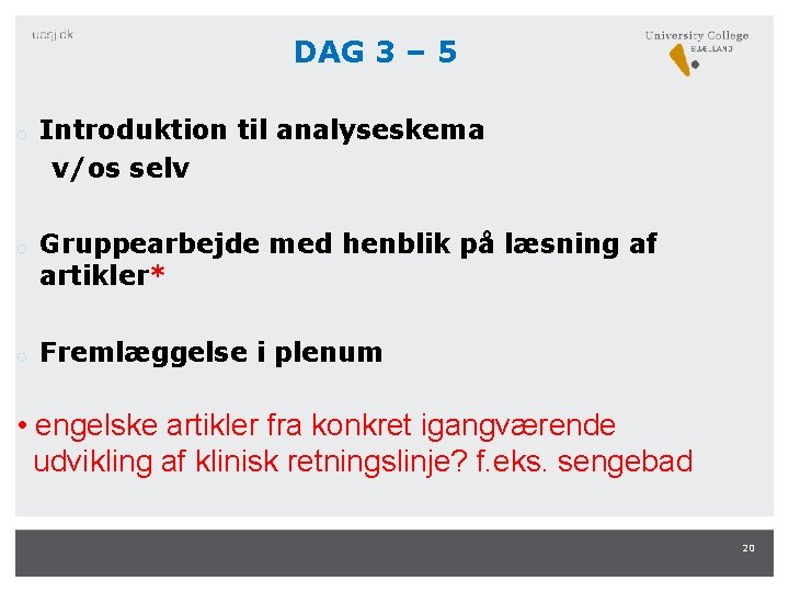 DAG 3 – 5 Introduktion til analyseskema v/os selv o o Gruppearbejde med henblik