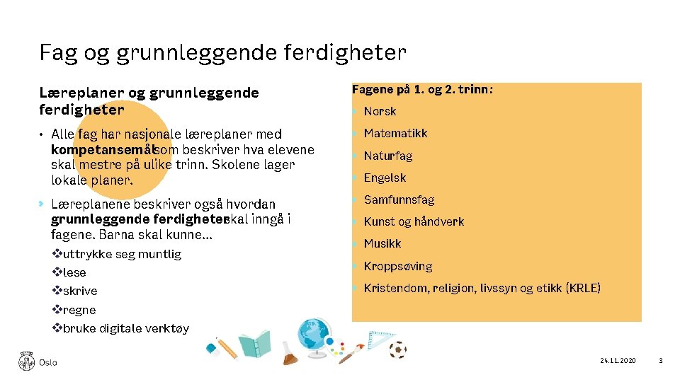 Fag og grunnleggende ferdigheter Læreplaner og grunnleggende ferdigheter • Alle fag har nasjonale læreplaner