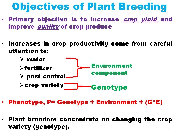 Objectives of Plant Breeding • Primary objective is to increase crop yield and improve