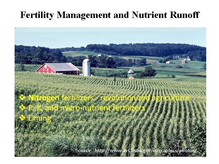 Fertility Management and Nutrient Runoff v Nitrogen fertilizers - revolutionized agriculture v P, K,