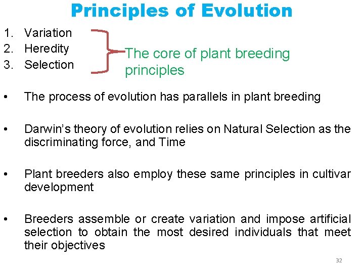 Principles of Evolution 1. Variation 2. Heredity 3. Selection The core of plant breeding
