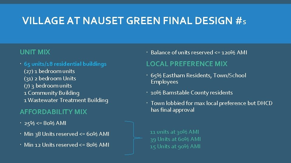 VILLAGE AT NAUSET GREEN FINAL DESIGN #S UNIT MIX Balance of units reserved <=