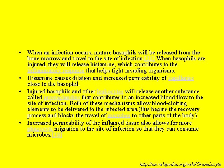  • When an infection occurs, mature basophils will be released from the bone