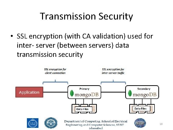 Transmission Security • SSL encryption (with CA validation) used for inter- server (between servers)