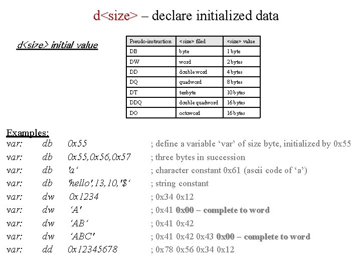 d<size> – declare initialized data d<size> initial value Examples: var: db var: dw var: