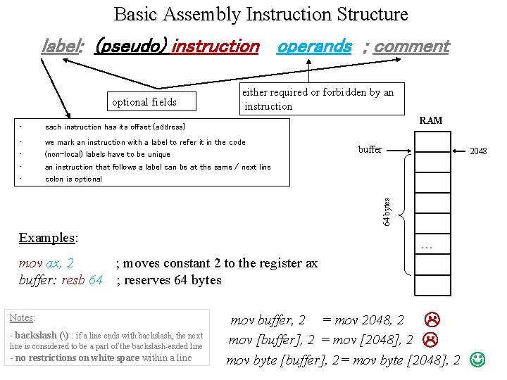  Basic Assembly Instruction Structure label: (pseudo) instruction operands ; comment optional fields either