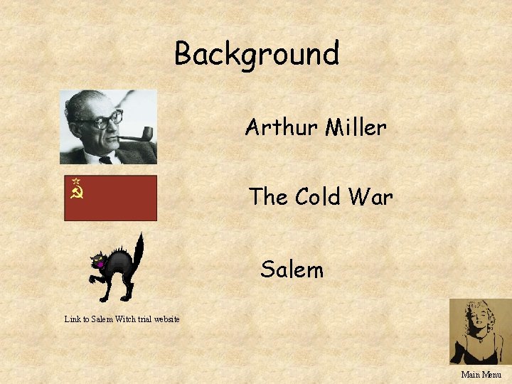 Background Arthur Miller The Cold War Salem Link to Salem Witch trial website Main