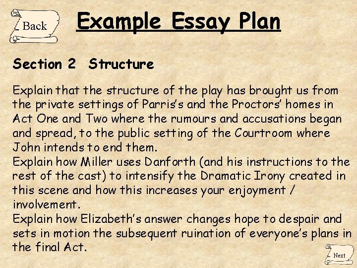 Back Example Essay Plan Section 2 Structure Explain that the structure of the play