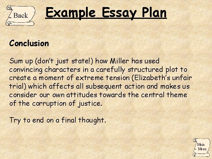 Back Example Essay Plan Conclusion Sum up (don’t just state!) how Miller has used