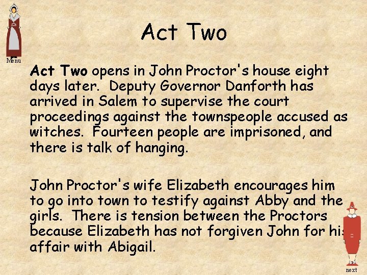 Act Two Menu Act Two opens in John Proctor's house eight days later. Deputy