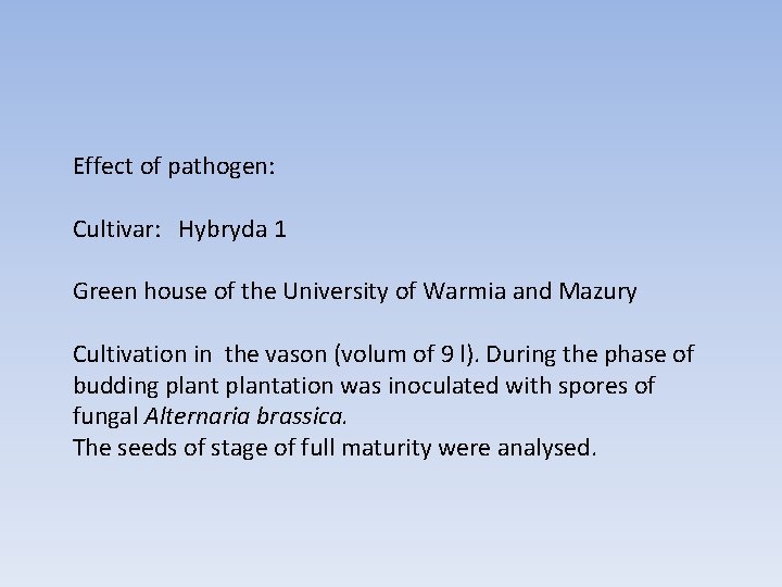 Effect of pathogen: Cultivar: Hybryda 1 Green house of the University of Warmia and