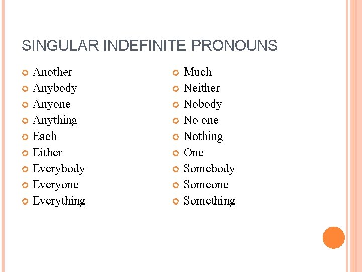 SINGULAR INDEFINITE PRONOUNS Another Anybody Anyone Anything Each Either Everybody Everyone Everything Much Neither