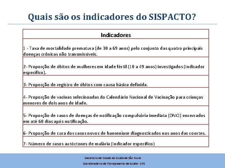 Quais são os indicadores do SISPACTO? Indicadores 1 - Taxa de mortalidade prematura (de