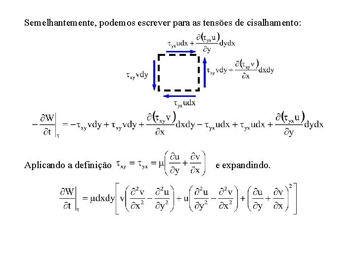 Semelhantemente, podemos escrever para as tensões de cisalhamento: Aplicando a definição e expandindo. 