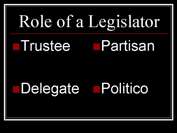 Role of a Legislator n. Trustee n. Partisan n. Delegate n. Politico 